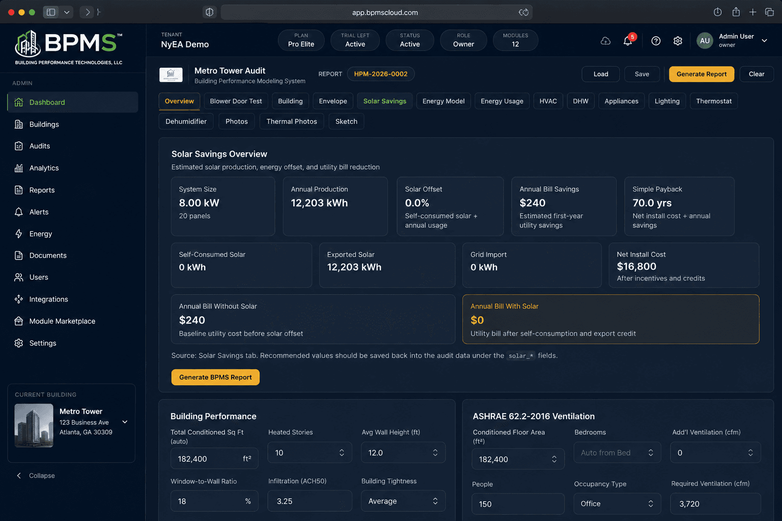 BPMS Dashboard - Solar Savings Overview